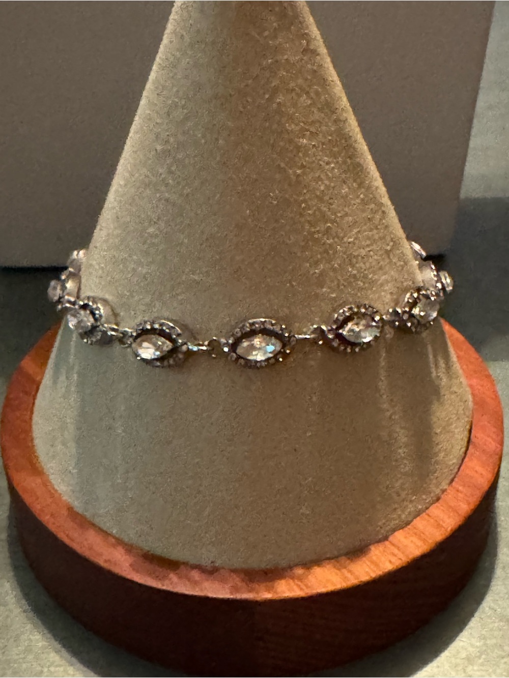 Vintage Marquis Crystal Halo Tennis Bracelet Silver Tone Rhinestone